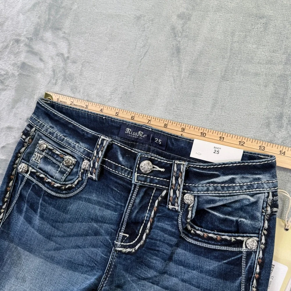 Miss Me Mid Rise Bootcut Jeans Dark Wash Embroidered Sequin Size 25x34 NEW